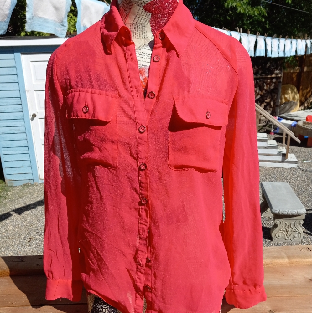 Pink button down sheer blouse